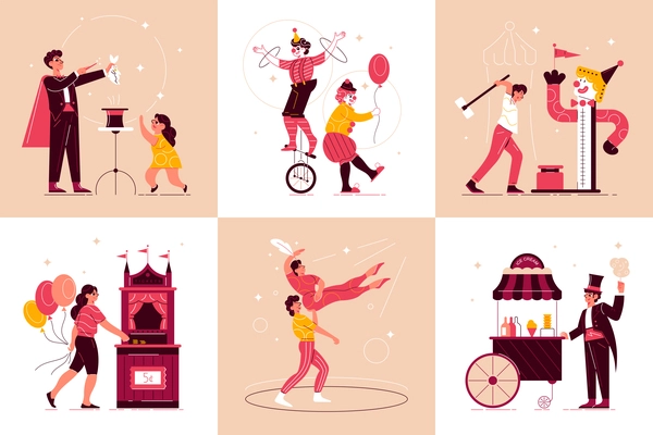 Circus funfair design concept with set of square compositions with characters of circus performers and visitors vector illustration