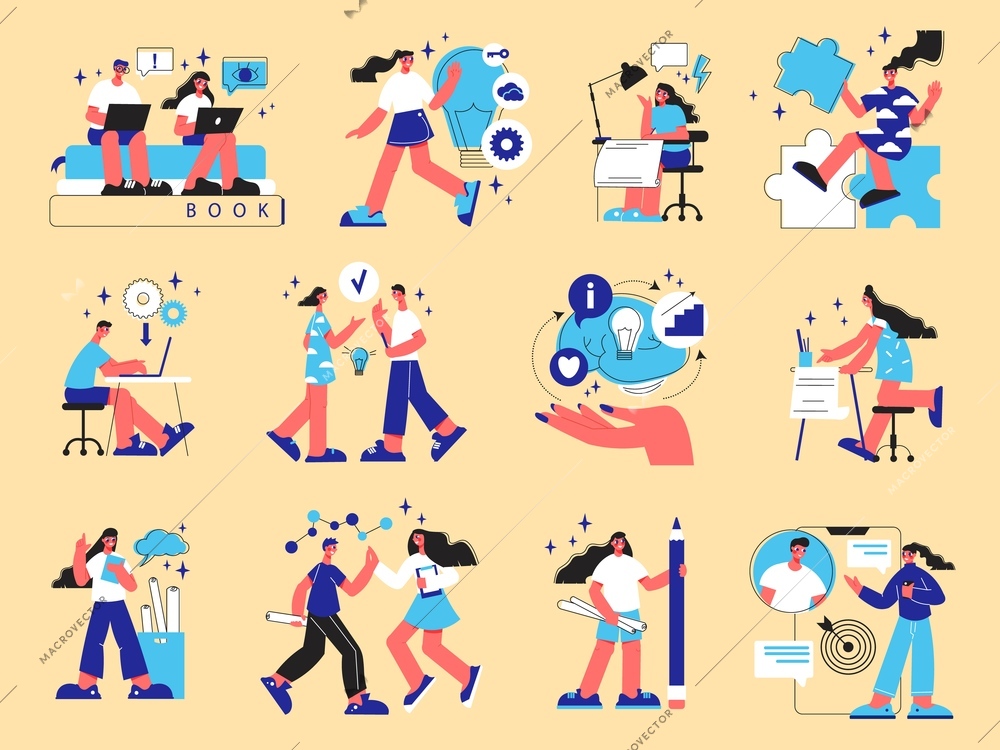 Team work flat icons set with people cooperating at office isolated vector illustration