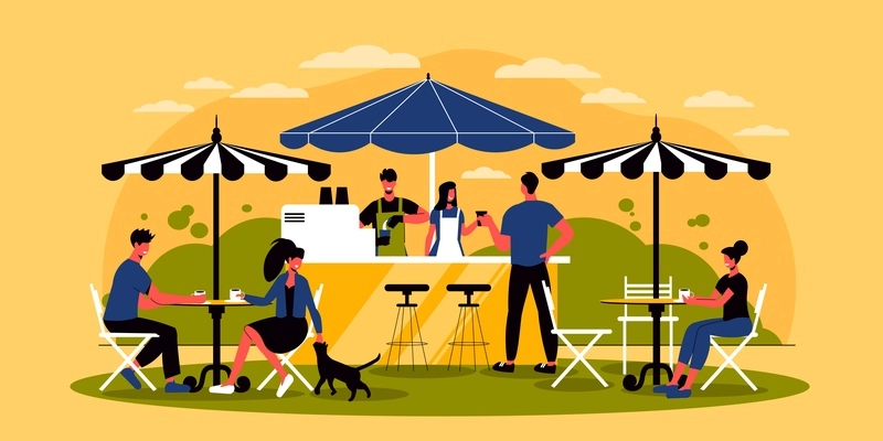 Coffeeshop outdoors horizontal vector illustration with visitors sitting at tables under umbrellas barista and barmaid standing near coffee machine