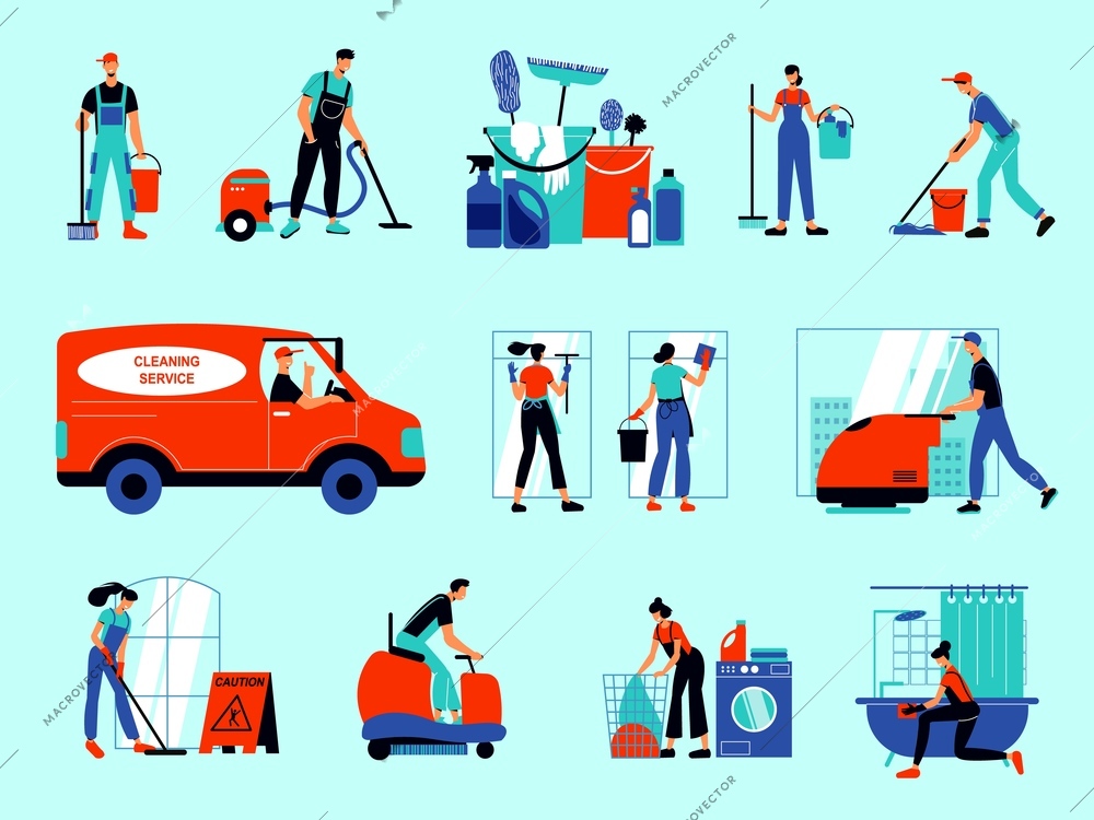 Cleaning service color icons set with staff doing removal of waste and cleaning premises isolated vector illustration