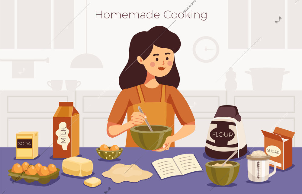 Homemade cooking background with young woman standing at table with ingredients preparing baked goods according to recipe flat vector illustration