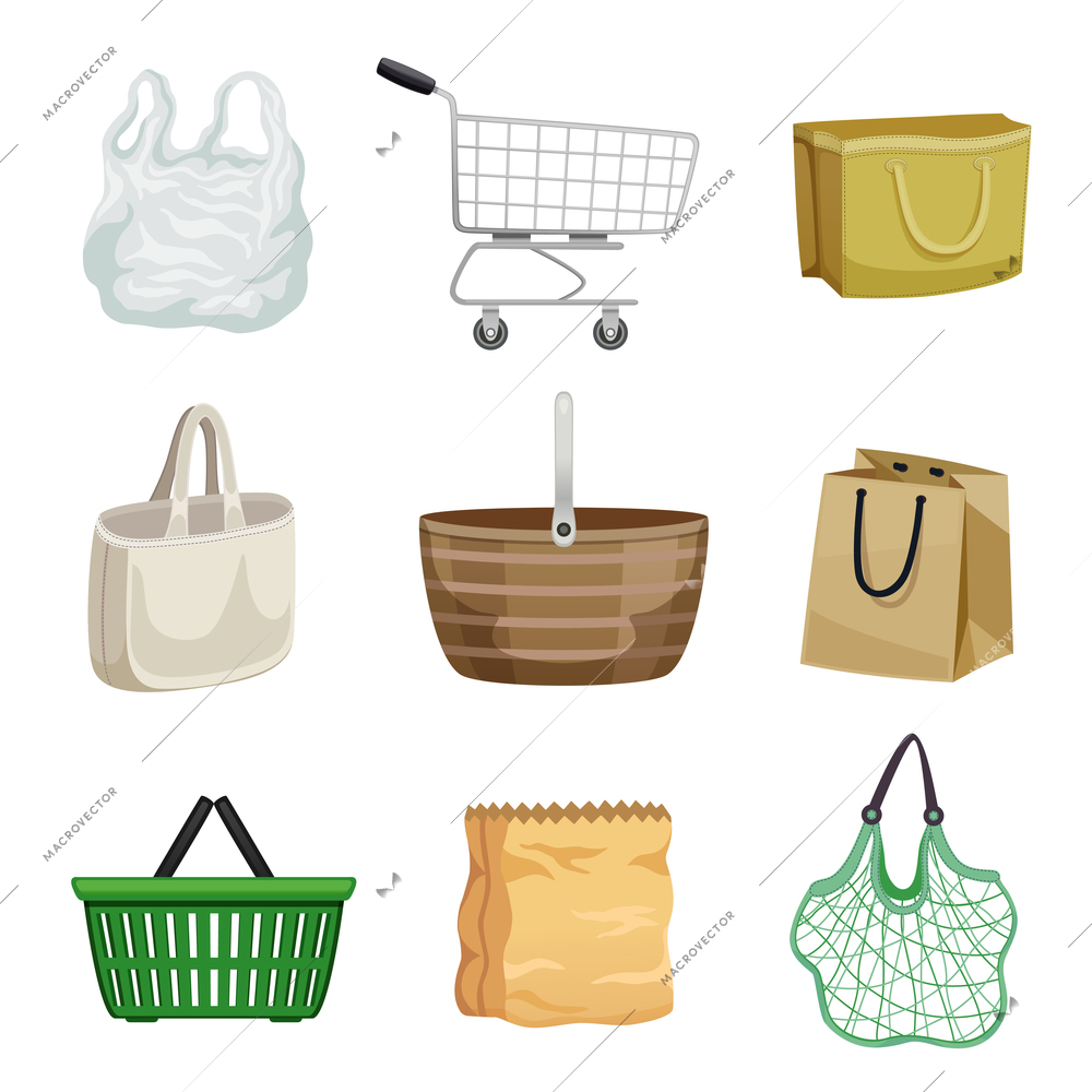 Mockup for sale advertising with set of paper and plastic shopping bags trolley on wheels and string bag isolated vector illustration