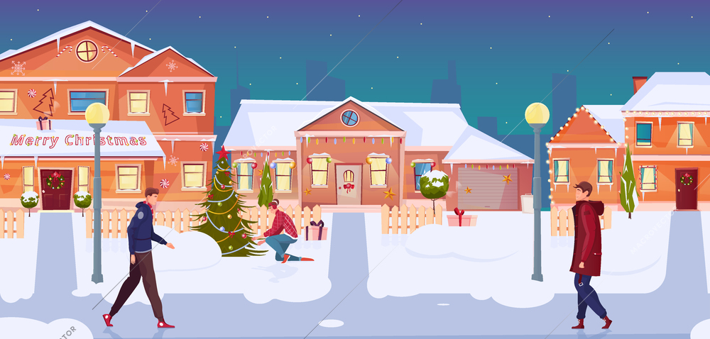 People going along street with houses decorated with christmas lights flat vector illustration