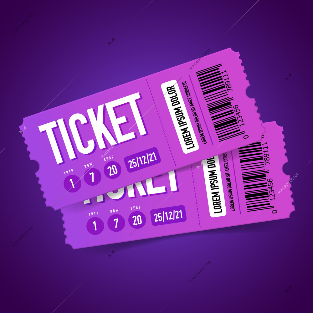 Realistic tickets composition with neon colored background and paper coupons with editable text and printed barcode vector illustration