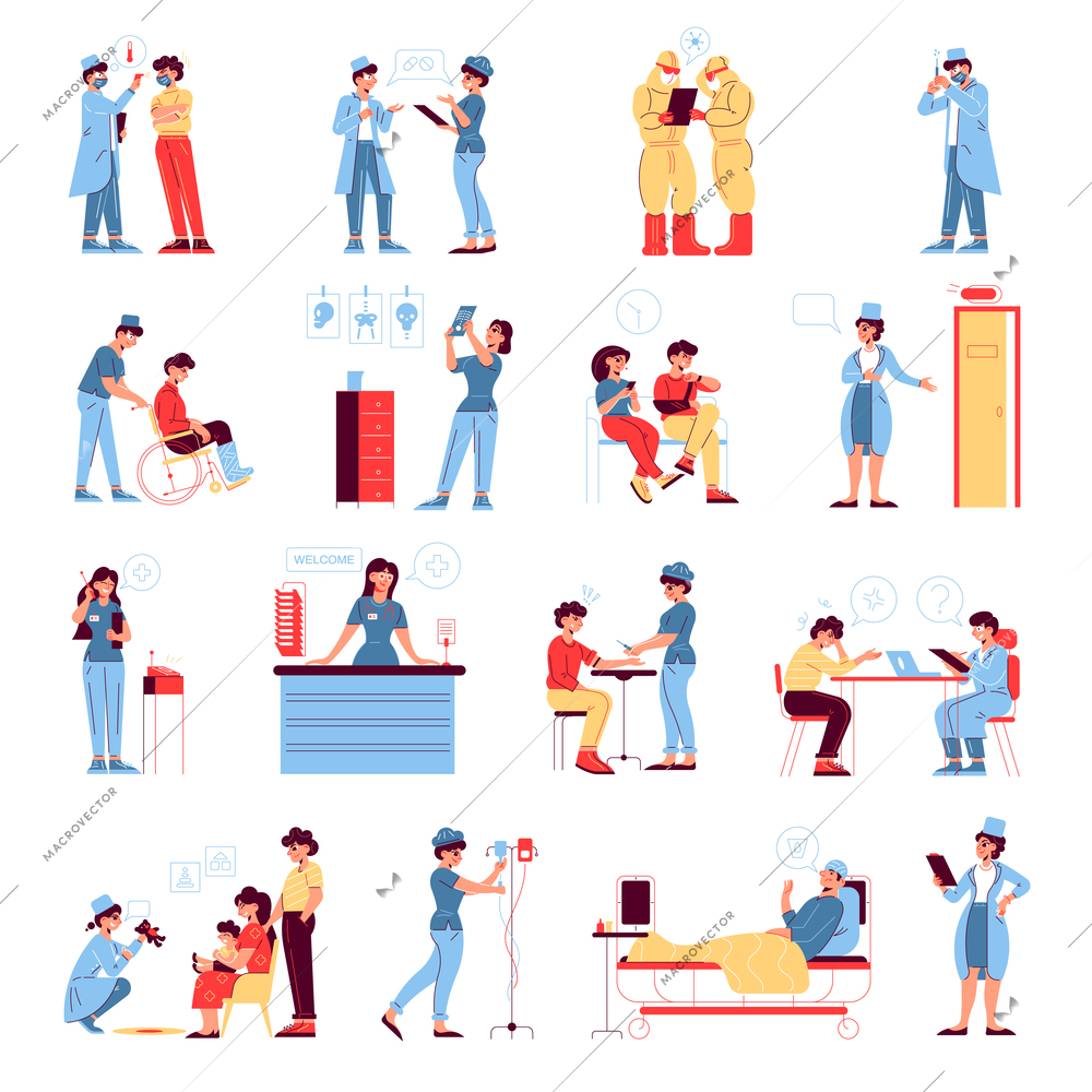 Set of isolated hospital medicine icons with characters of doctor patient with seats and appointment desk vector illustration