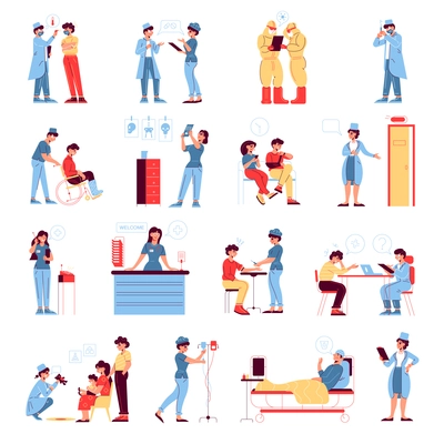 Set of isolated hospital medicine icons with characters of doctor patient with seats and appointment desk vector illustration