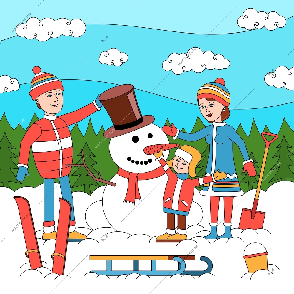 Christmas coloring composition with cartoon human characters ski sledge and new made snowman with outdoor scenery vector illustration