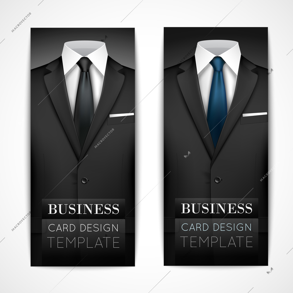 Business man luxury style black suit invitation banners set with shirt and tie vector illustration