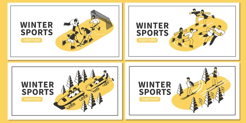 Isometric set of four horizontal banners with winter sports hockey figure skating skiing bobsleigh competitions 3d isolated vector illustration