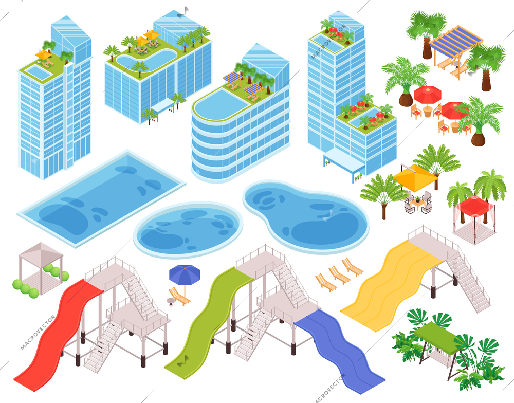 Isometric hotel water park outdoor icon set with hotel main building pools water slides and recreation area vector illustration