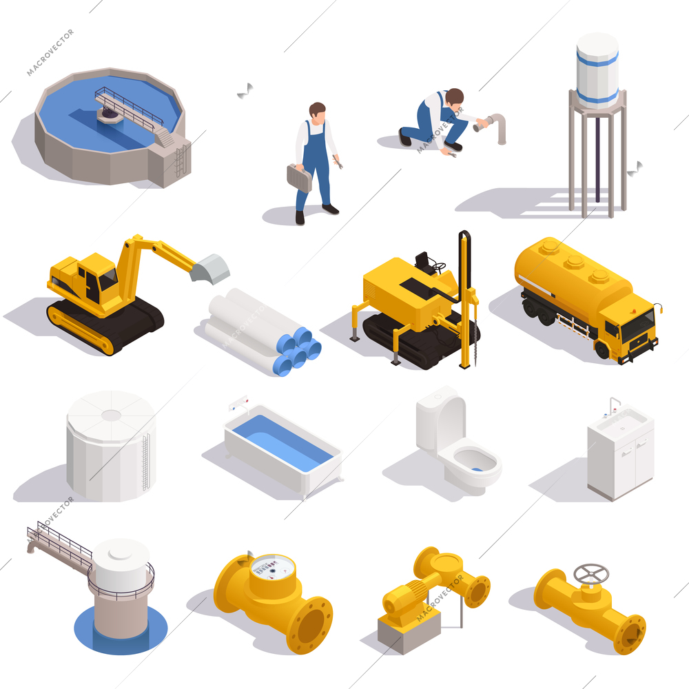 Water supply isometric set with purification reservoir pipeline digger excavator tower bathtub toilet sink plumber vector illustration