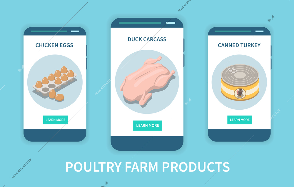 Poultry farm products mobile app concept with chicken eggs duck carcass and canned turkey advertising on smartphone screens isometric vector illustration