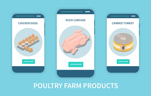 Poultry farm products mobile app concept with chicken eggs duck carcass and canned turkey advertising on smartphone screens isometric vector illustration