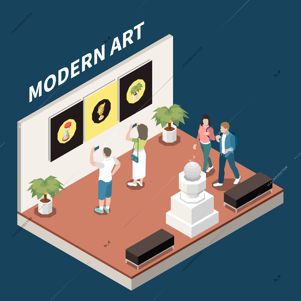 Modern art exhibition isometric composition with visitors taking pictures of exhibits on their phones vector illustration