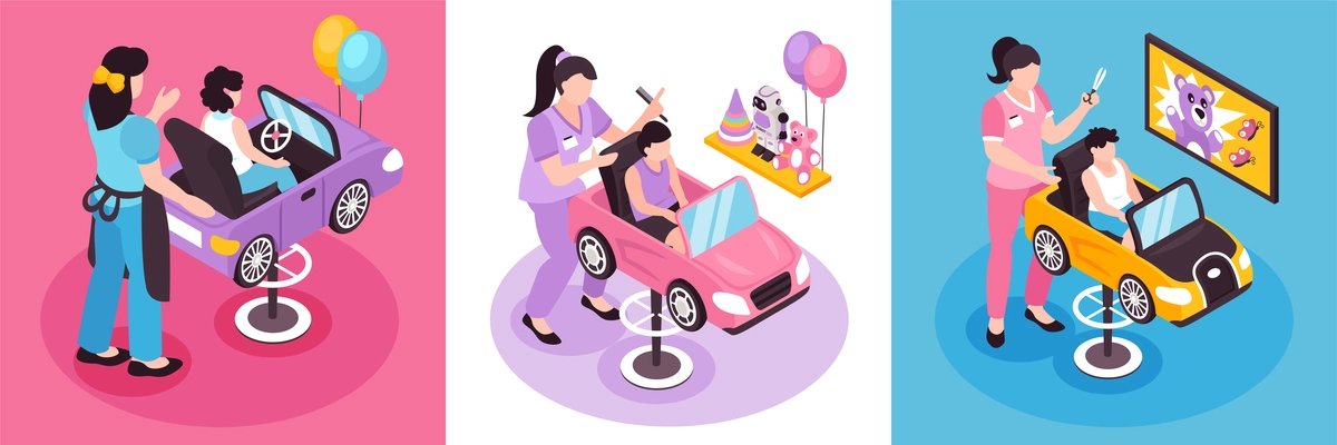 Isometric design concept with children barber doing hair of sitting in funny chair boy and girl 3d isolated vector illustration