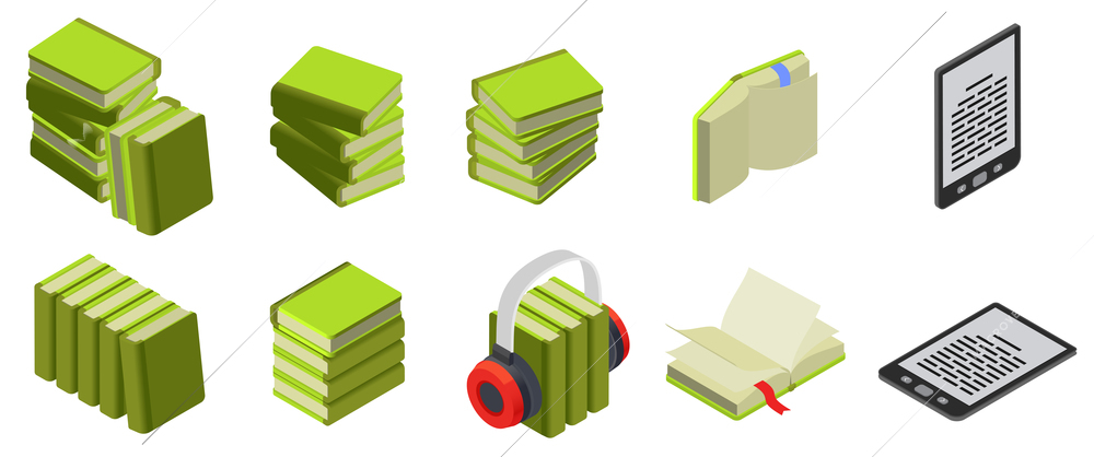 Reading isometric set of isolated book icons with rows stacks and e-book with audio books vector illustration