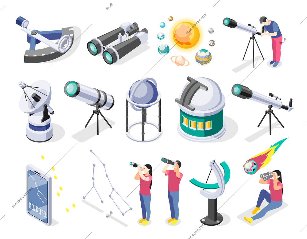 Astronomy isometric recolor set of isolated icons of telescopes radars and various observational facilities with people vector illustration