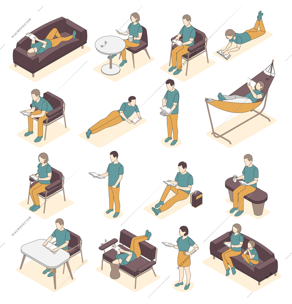 Reading people isometric icon set of recolor human characters reading books in different poses with shadows vector illustration