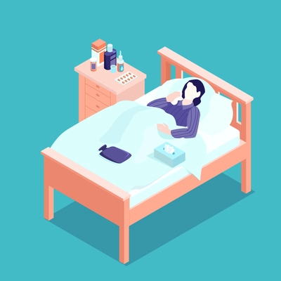 Isometric cold flu virus composition with sick woman lying in bed and bedside table with medicine vector illustration