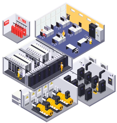 Data center facility interior isometric composition with servers racks operators fire suppression system power generators vector illustration