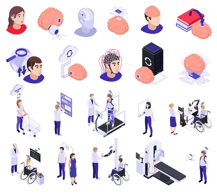 Brain pathologies diagnose neural implants model treatment innovative computer interfaces rehabilitation technologies research isometric set vector illustration