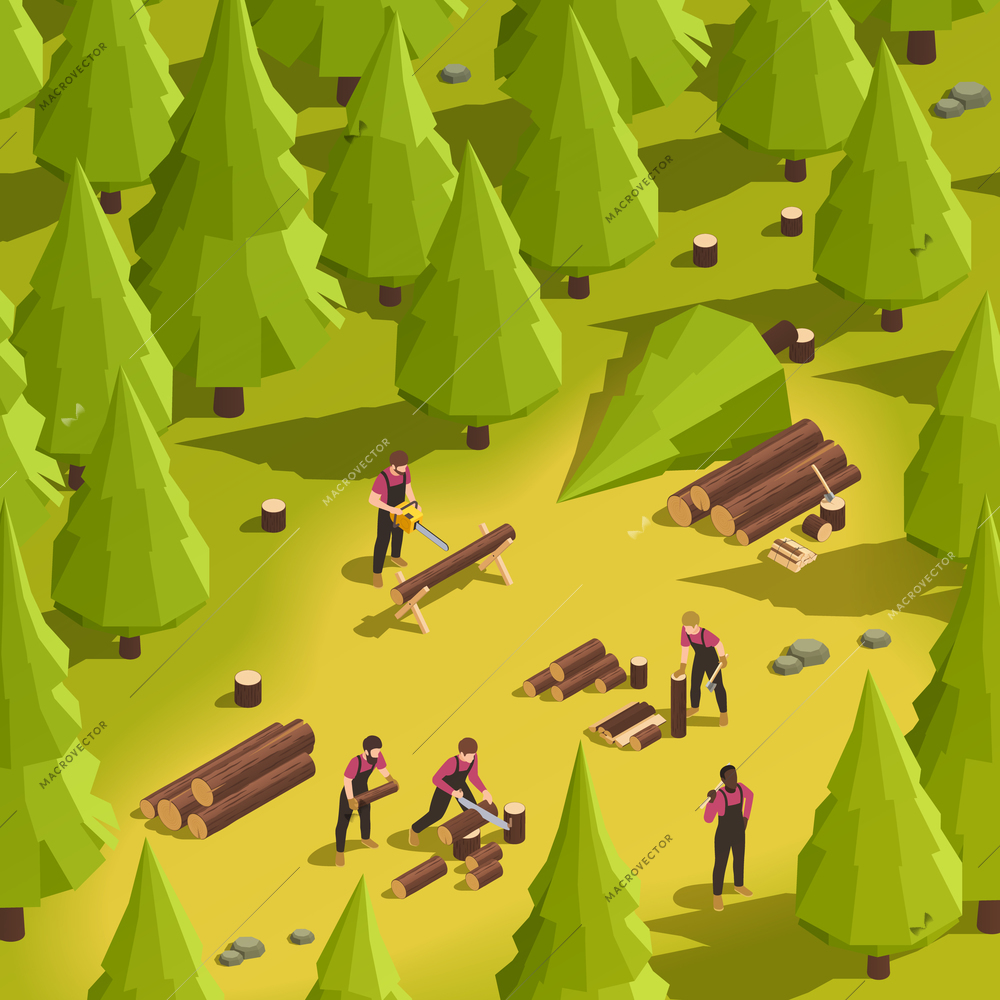 Lumberjacks cutting wood with axe handsaw electric saw in forest 3d isometric vector illustration