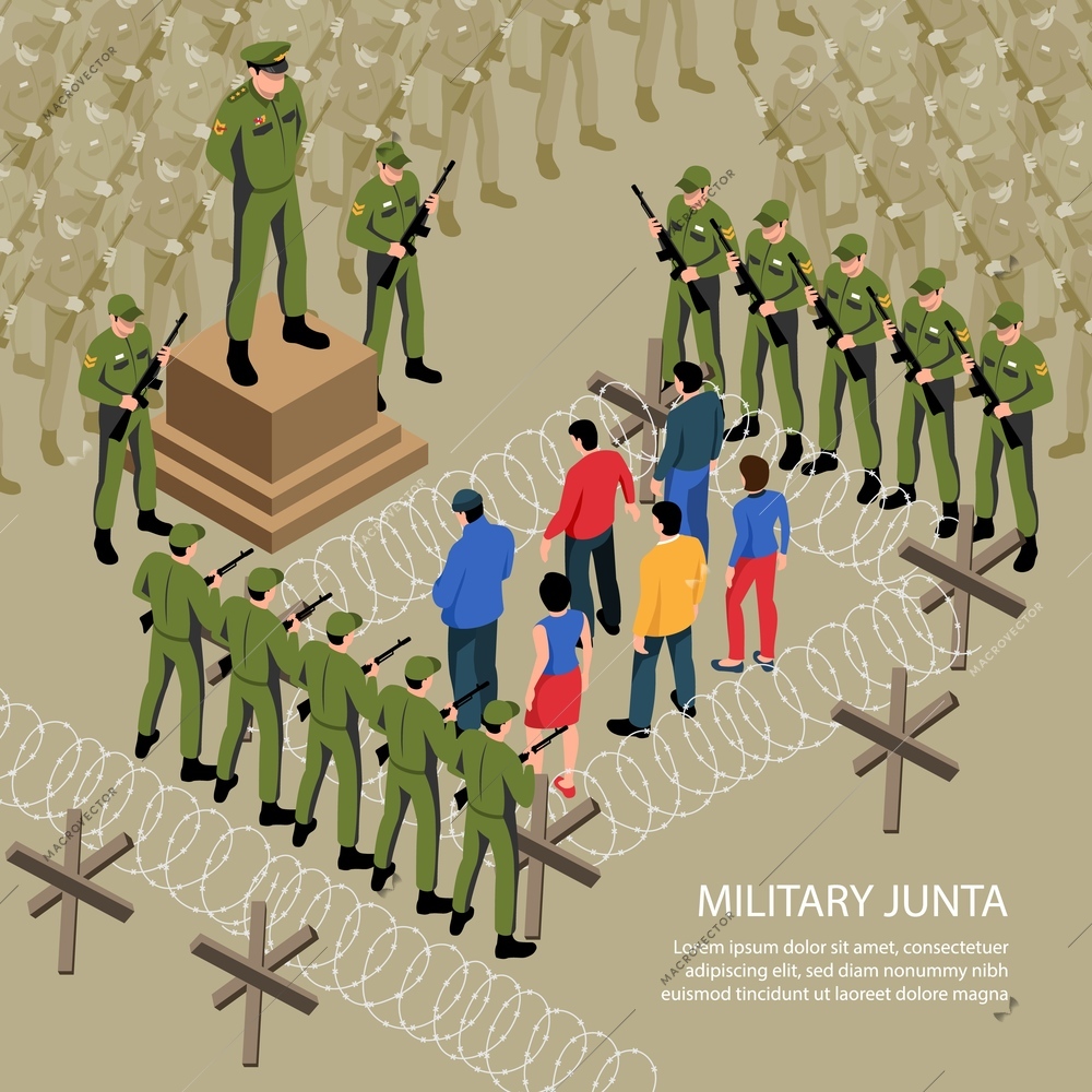 Isometric political systems background with barbed wire and rows of soldiers surrounding dissidents with editable text vector illustration