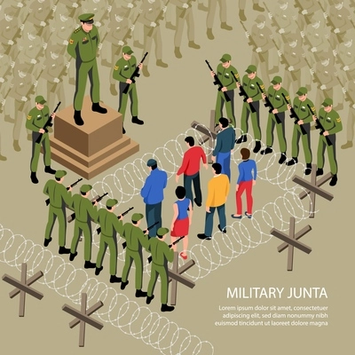 Isometric political systems background with barbed wire and rows of soldiers surrounding dissidents with editable text vector illustration