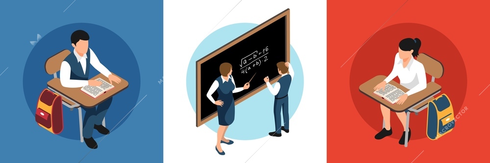 Isometric school design concept with set of compositions with teenage pupils at desks teacher and blackboard vector illustration