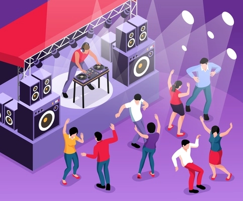 Isometric dj composition with view of dancefloor with disk jockey playing set on stage with dancers vector illustration