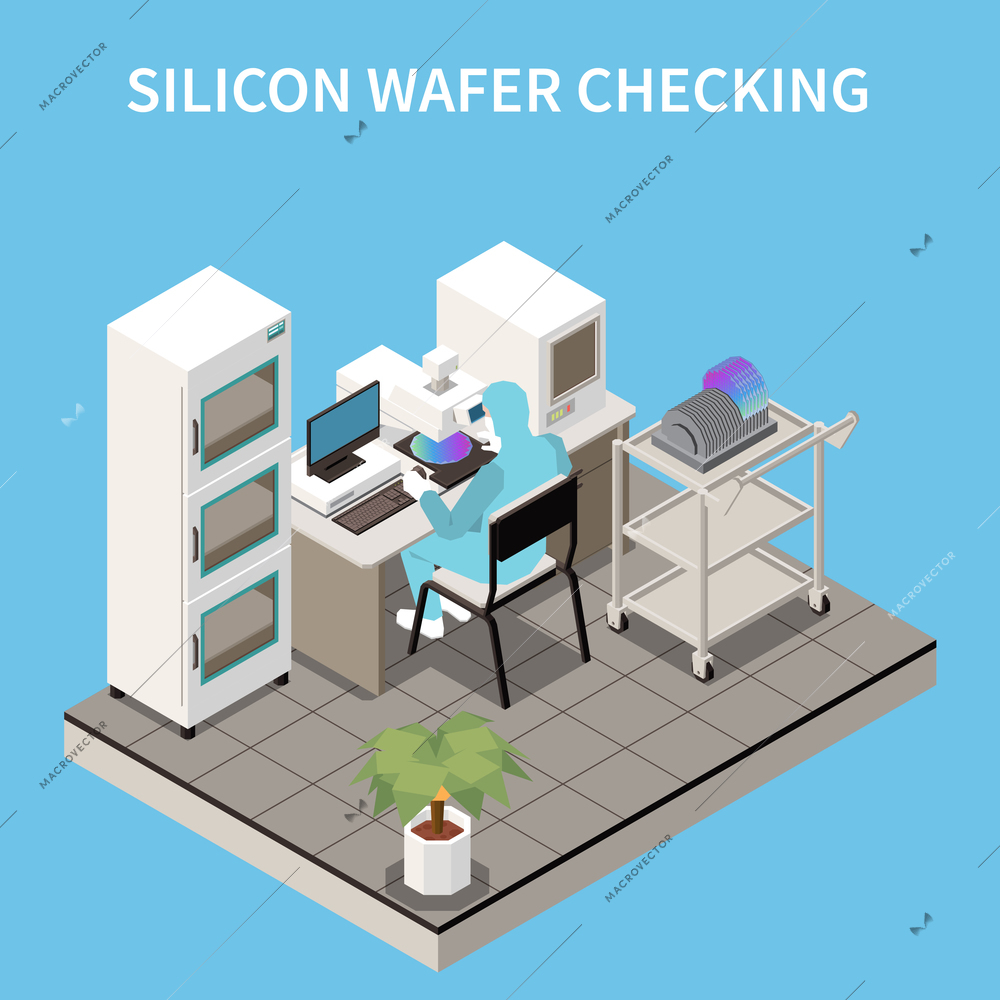 Semiconductor chip production isometric composition with character of worker in chemical suit sitting at factory appliance vector illustration