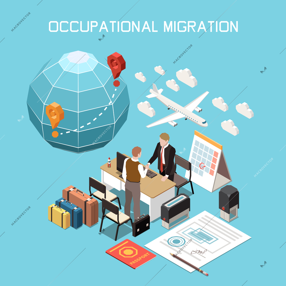 Population mobility migration displacement isometric composition with text earth globe with location icons documents and people vector illustration