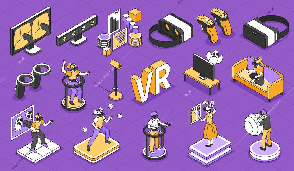 Virtual reality composition with cyberspace entertainment symbols isometric isolated vector illustration