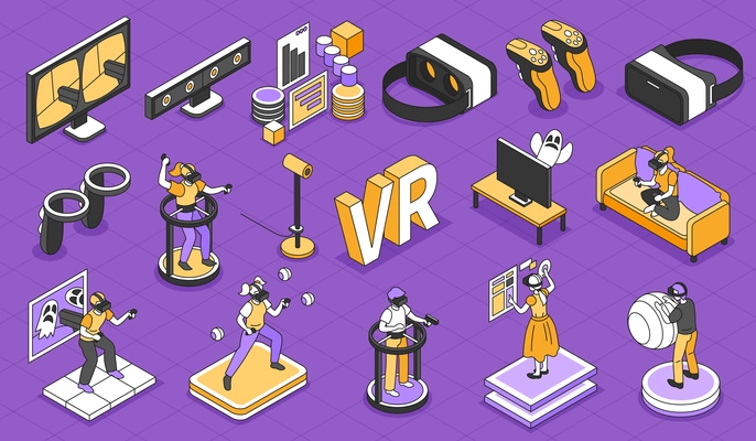 Virtual reality composition with cyberspace entertainment symbols isometric isolated vector illustration