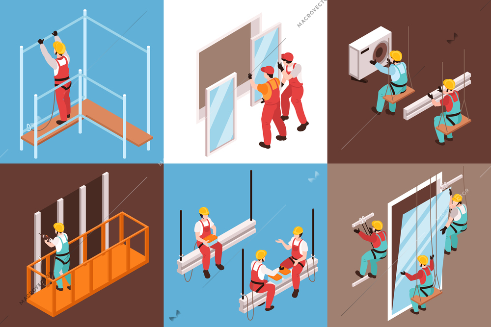 Isometric fitter design concept with characters of utility men in uniform and hats installing various objects vector illustration