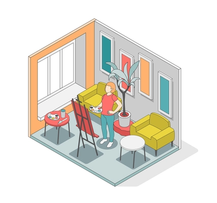 Self care concept isometric composition with man paints a picture at home vector illustration