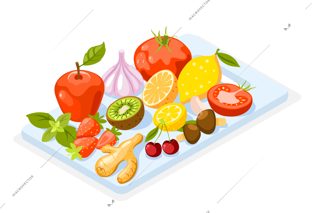 Strengthening immunity isometric composition with fresh vegetables and fruits garlic and ginger vector illustration