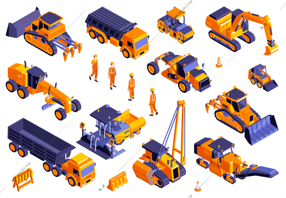 Set of isolated road construction icons and isometric images of machinery trucks and bulldozers with workers vector illustration