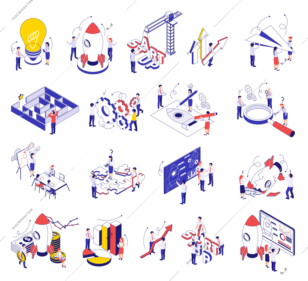 Business startup isometric set of dollar banknote stacks glowing light bulb magnifying glass racket start isolated icons  vector illustration