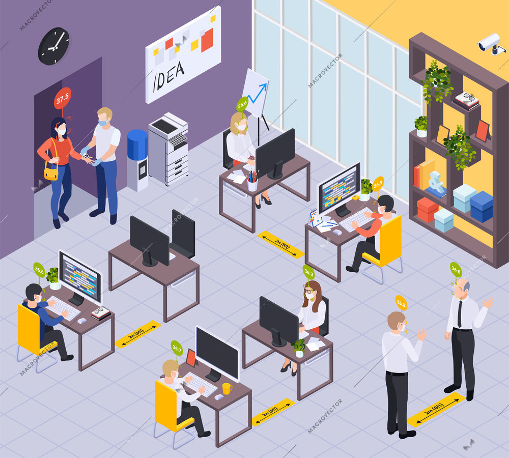 Employees in office interior with markup for social distancing and medical testing at entrance isometric background vector illustration