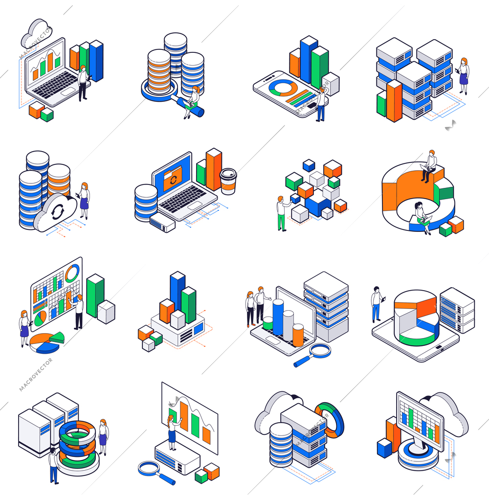 Big data exchange isometric set of server equipment digital volume  cloud storage related database tables isolated vector illustration