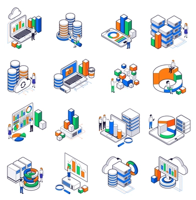 Big data exchange isometric set of server equipment digital volume  cloud storage related database tables isolated vector illustration