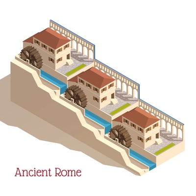 Ancient roman historical industrial water mills complex with wooden wheels landmark isometric element vector illustration