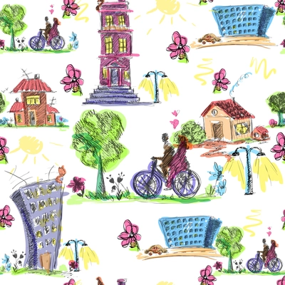 Doodle city sketch seamless pattern with buildings and bicyclists vector illustration