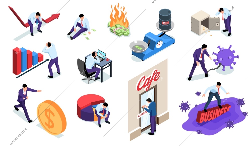 Isometric world financial crisis set with isolated human characters of business people money and infographic icons vector illustration