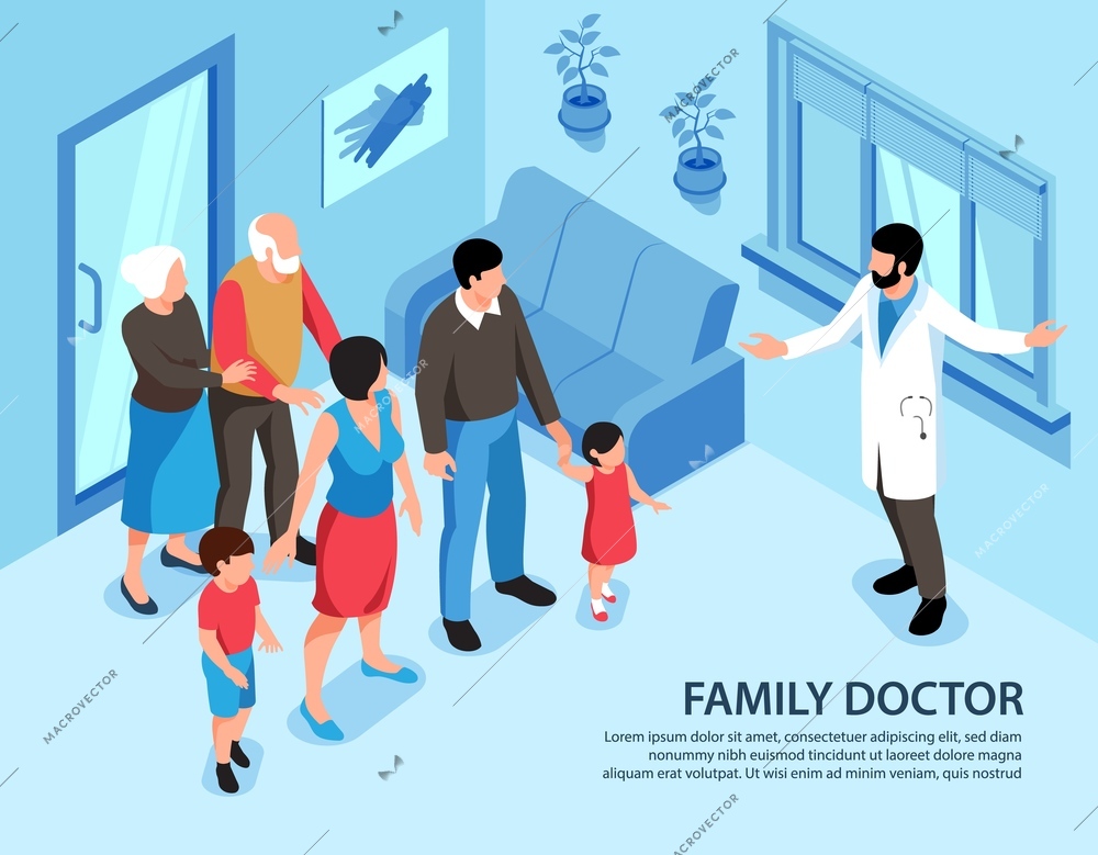 Isometric family doctor background with editable text and home interior with family members and medical specialist vector illustration