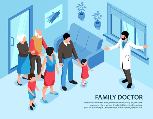 Isometric family doctor background with editable text and home interior with family members and medical specialist vector illustration