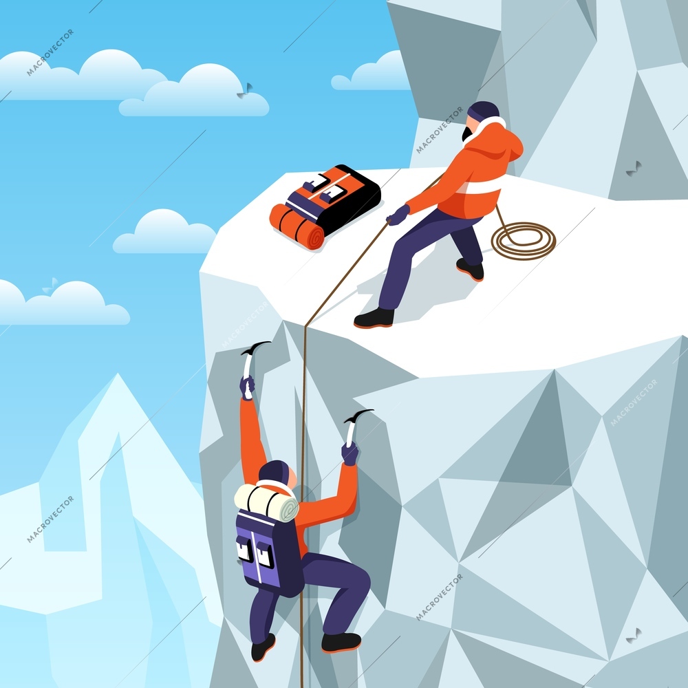 Isometric mountaineering composition with outdoor highland scenery ice mountain and two climbers having hold of rope vector illustration