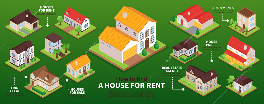 Infographics with isometric private houses for sale and rent 3d vector illustration