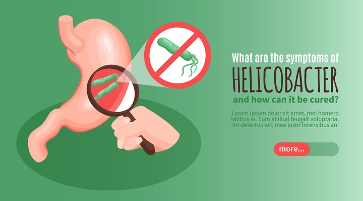Isometric gastroenterology helicobacter horizontal banner with what are the symptoms of helicobacter and how can it be cured headline vector illustration